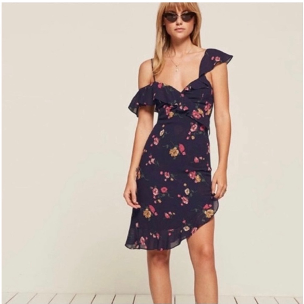 Reformation Agora Asymmetrical Cold Shoulder Midi Dress - Purple Floral